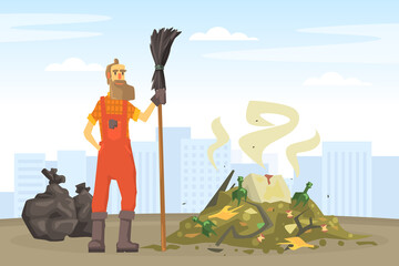 Sticker - Male Janitor Gathering Trash with Broom, Street Cleaner Man in Orange Uniform Cartoon Vector Illustration