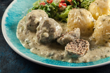 Canvas Print - Meatballs with creamy and cheese gravy served with mashed potatoes