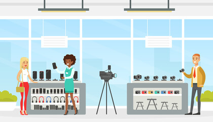 Wall Mural - Male Shop Assistant Helping Woman to Choose Smartphone at Shopping Mall, Modern Electronics Store or Shop Interior Vector Illustration