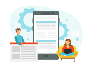 Poster - Tiny People Using Mobile Gadgets for Remote Working, Elearning, Online Meeting or Communication via Internet Flat Vector Illustration