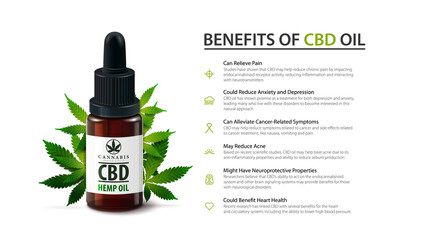 White template of Medical uses for cbd oil, benefits of use CBD oil. Poster design with glass bottle of cbd oil and hemp leafs