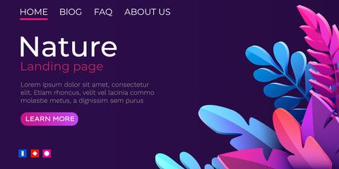 Landing page template with green trendy exotic palm leaves background. Tropical botanical design. Concept for website development
