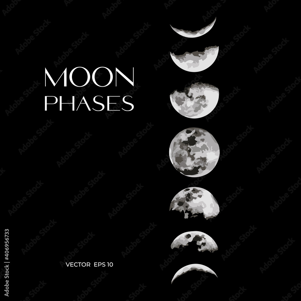 phases of the moon on a black background. vector realistic image. night ...