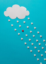 Cloud And Rain In Shape Of Hearts With One Red Drop.  Minimalist Concept.
