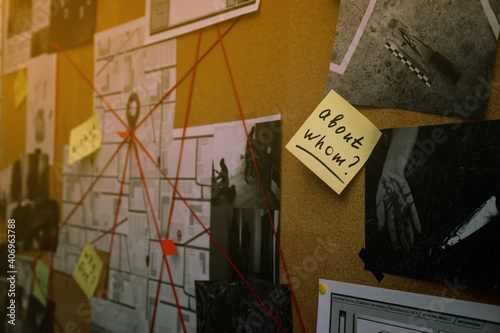 Detective board with map, crime scene photos and red threads, closeup