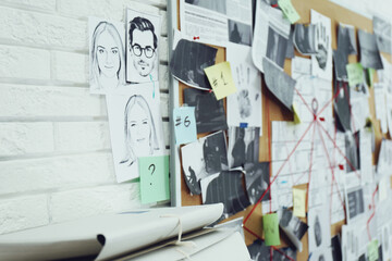 Wall Mural - Investigation board on white brick wall in detective office