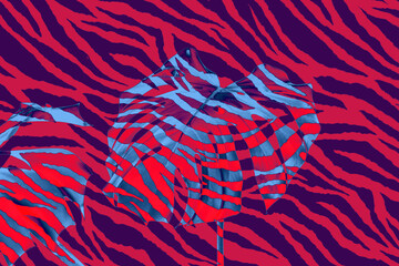 Concept hot summer time, party, vivid vision. Creative collage. Palm leaves and Zebra print pattern in blue and orange.