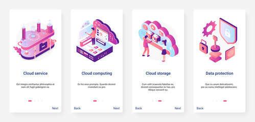 Wall Mural - Isometric cloud service data protection digital technology vector illustration. UX, UI onboarding mobile app page screen set with cartoon 3d tech database service, safe computing datacenter connection