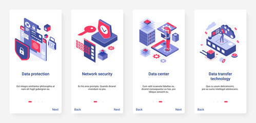 Aufkleber - Isometric data protection, network security technology vector illustration. UX, UI onboarding mobile app page screen set with cartoon 3d personal privacy information, protecting database service