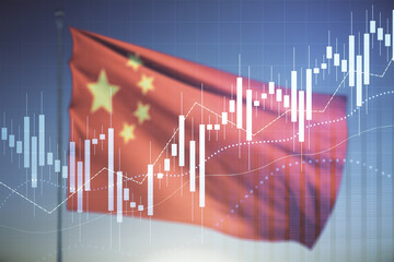 Wall Mural - Multi exposure of virtual creative financial chart hologram on Chinese flag and blue sky background, research and analytics concept