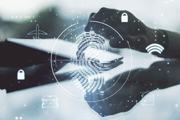 Aufkleber - Multi exposure of creative fingerprint hologram with finger presses on a digital tablet on background, personal biometric data concept