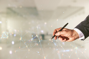 Poster - Male hand with pen working with abstract virtual technology sketch on blurred office background, future technology and AI concept. Double exposure