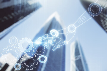 Poster - Double exposure of abstract virtual robotics technology hologram on modern skyscrapers background. Research and development software concept