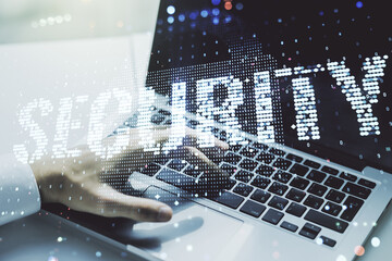 Aufkleber - Cyber security creative concept with hands typing on computer keyboard on background. Double exposure