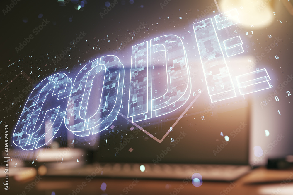 Creative Code word hologram on modern computer background, artificial ...