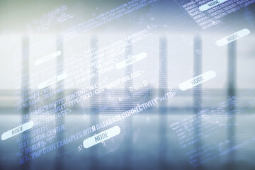 Poster - Multi exposure of abstract creative coding sketch and world map on empty corporate office background, artificial intelligence and neural networks concept
