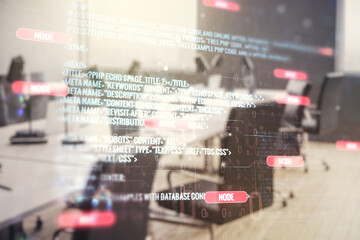 Poster - Multi exposure of abstract software development hologram on modern corporate office background, research and analytics concept