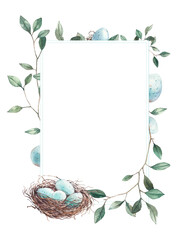 Watercolor spring branches and nest frame. Hand painted floral card with greenery and bird eggs isolated on white background.