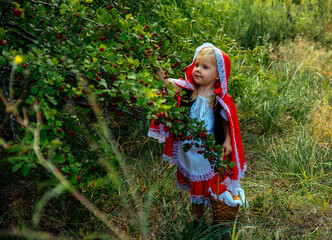 Wall Mural - girl in the forest in red clothes, Little Red Riding Hood, summer, green, park, young, tree, grass, beautiful,   cosplay, path, path, trees, spring, heat, basket, book, wolf