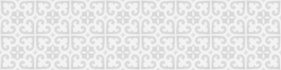 Poster - Old white gray grey vintage worn shabby elegant floral leaves flower patchwork motif tiles stone concrete cement wall wallpaper texture background banner panorama