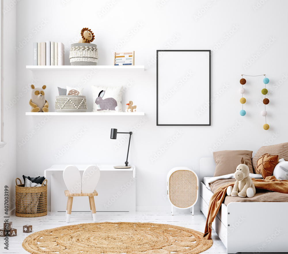 Mock up frame in white cozy children room interior background, Scandinavian style, 3D render - obrazy, fototapety, plakaty 