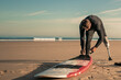 Surfer wearing wetsuit and artificial limb, tying board to his ankle on sand. Wide shot. Artificial limb and active lifestyle concept