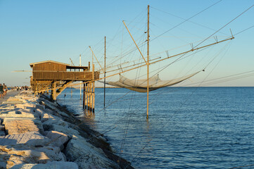 Fishing station in Sottomarina dam, Italy. Travel, house