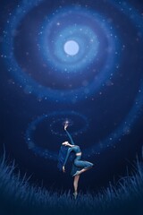 Wall Mural - Dreamy Illustration of female dancer posing with moon