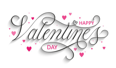Wall Mural - HAPPY VALENTINE'S DAY black vector copperplate calligraphy banner with pink hearts