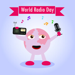 World Radio Day vector concept. Earth cartoon character holding radio and microphone while listening music