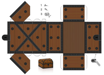 Treasure chest template. Cut out, fold and glue it. Paper model with lid that can be opened. Wooden textured box for precious objects, luxury, belongings or little things.
