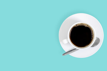 White cups with coffee on a bright colored background.