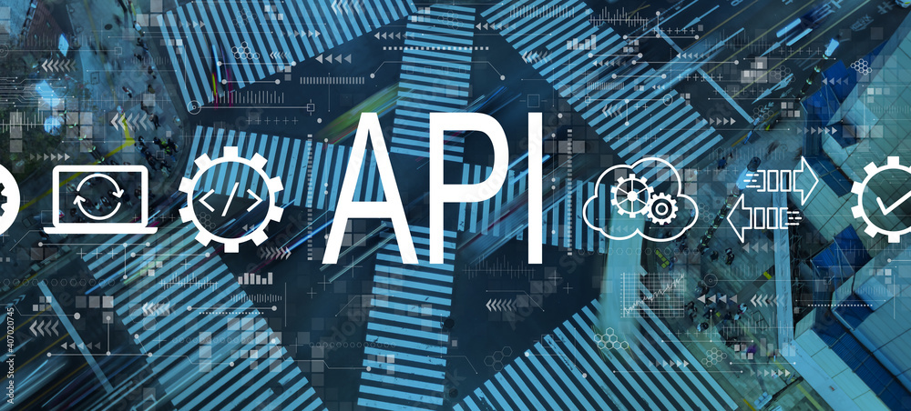 API - application programming interface concept with busy city traffic intersection - obrazy, fototapety, plakaty 