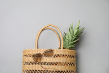 Stylish Straw Bag And Sunglasses On Grey Background, Flat Lay. Summer Accessories