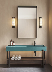 Wall Mural - 3d render of a modern beige bathroom with green turqoise wash basin and crystal wall lamps

crystal wall lamps and a rectangle mirror