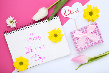 Wall Mural - Text Happy Womens Day with tulip, chrysanthemum flowers and gift box on paper background