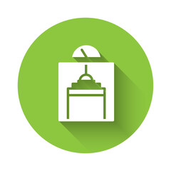 Sticker - White Lift icon isolated with long shadow. Elevator symbol. Green circle button. Vector.