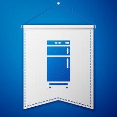 Sticker - Blue Refrigerator icon isolated on blue background. Fridge freezer refrigerator. Household tech and appliances. White pennant template. Vector.