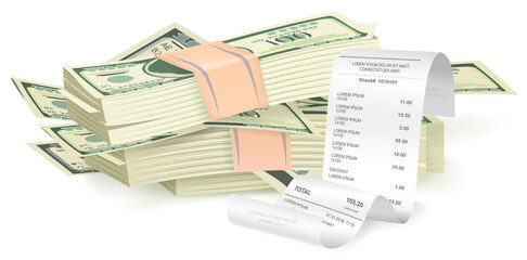 Aufkleber - payment check near a stack of dollars isometric. buying financial invoice bill and banknotes. receip