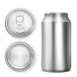 © klyaksun - Aluminium can for soda or beer in front, top and bottom view. Vector realistic 3d mockup of blank metal tin can for drink with ring pull on lid isolated on white background