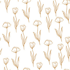 Wall Mural - Poppy flower pattern in line style. Floral seamless hand drawn ornament. . Poppy cute wallpaper, vector illustration.