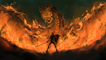 Warrior Standing Confront Dragon In The Flames,tale Monster,creatures Of Myth And Legend ,digital Art, Illustration Painting.	