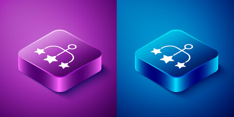 Sticker - Isometric Baby crib hanging toys icon isolated on blue and purple background. Baby bed carousel. Square button. Vector.