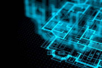 Architecture blueprint on digital lcd display with reflection. Abstract technology background. 3D rendering.