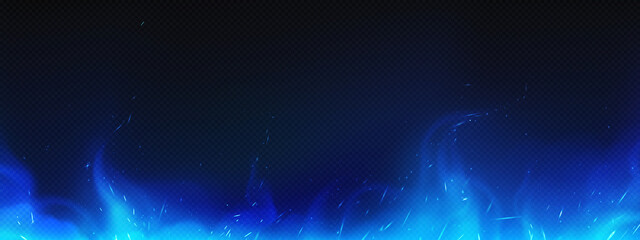 Poster - realistic blue fire or smog border, burning flame with sparkles, bonfire blaze glowing effect, shini