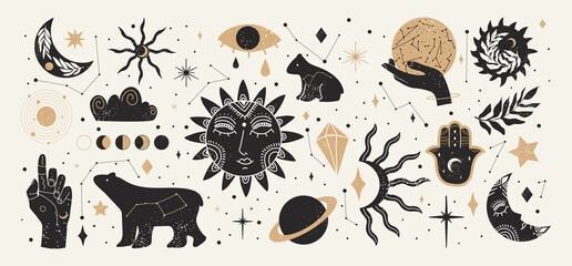 collection of mystical and astrology objects in boho style. vector illustration.