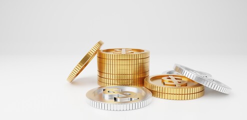 Poster - A stack of gold coins and silver coins represents the profit and strategy of the business operation on a white background. 3d rendering