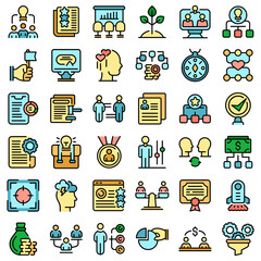 Poster - Contribute work icons set. Outline set of contribute work vector icons thin line color flat on white