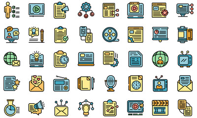 Poster - Social project icons set. Outline set of social project vector icons thin line color flat on white