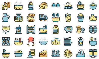 Poster - Cheese production icons set. Outline set of cheese production vector icons thin line color flat on white
